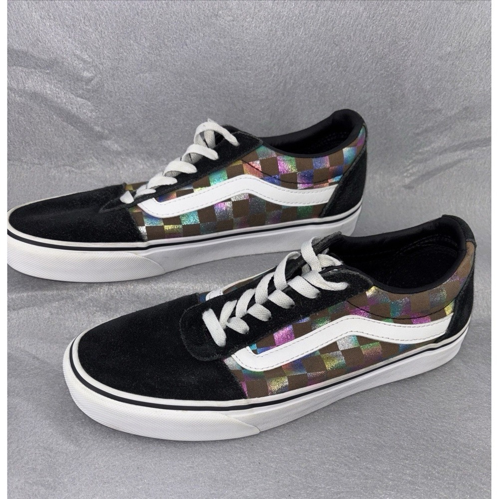 Vans‎ Ward Women's Size 8.5 Iridescent Check Skate Shoes 500714 Rainbow Blk Wht